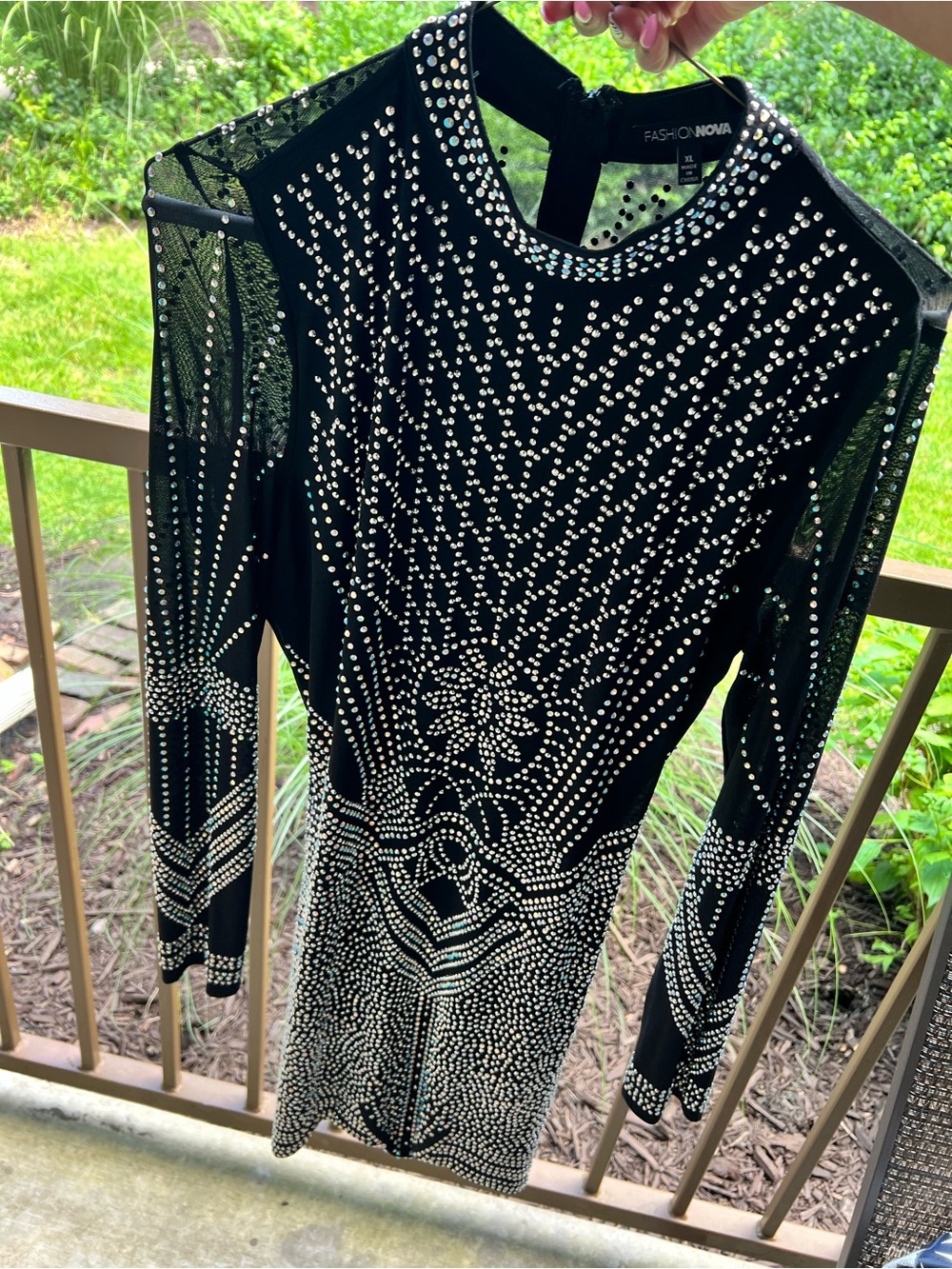 Fashion Nova Black Long Sleeve Rhinestone Bodycon Dress